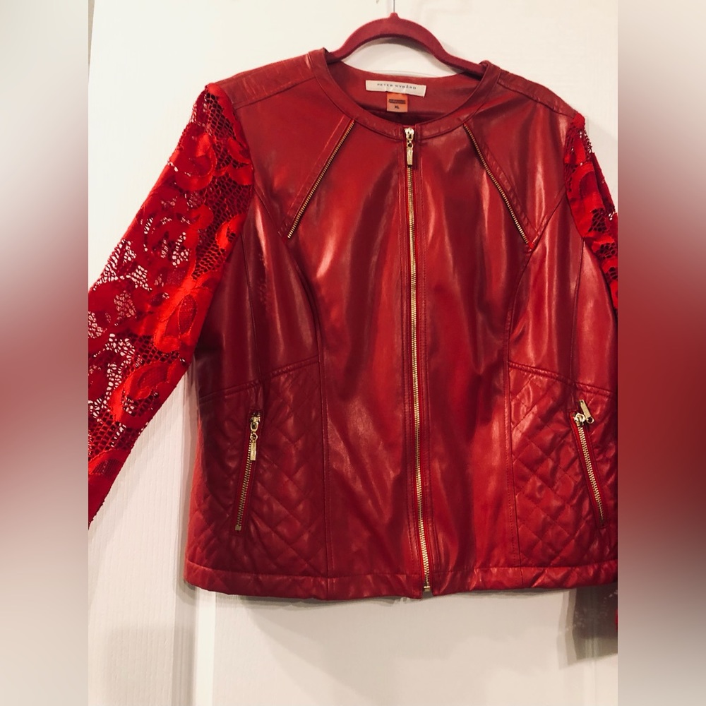 Vegan leather red jacket with lace sleeves❤️💋